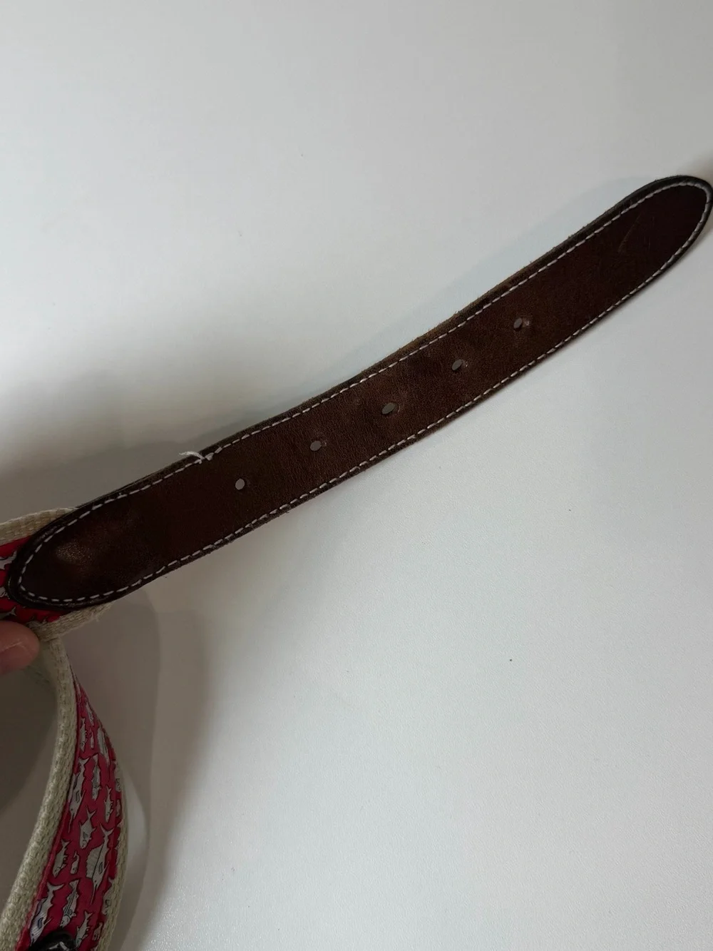 Vineyard Vines Size 32 Red Fish Patterned Canvas Belt with Brown Leather Trim